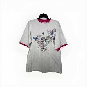 Vintage Day Break Kittens Cats Birds‎ Double Sleeve T-Shirt Pink Size Large